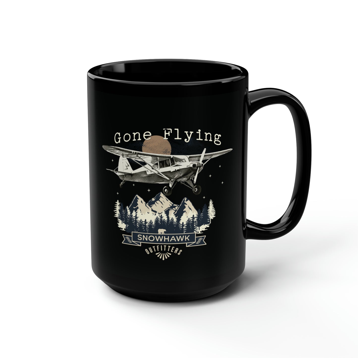 Gone Flying Mountains Black Mug, 15oz