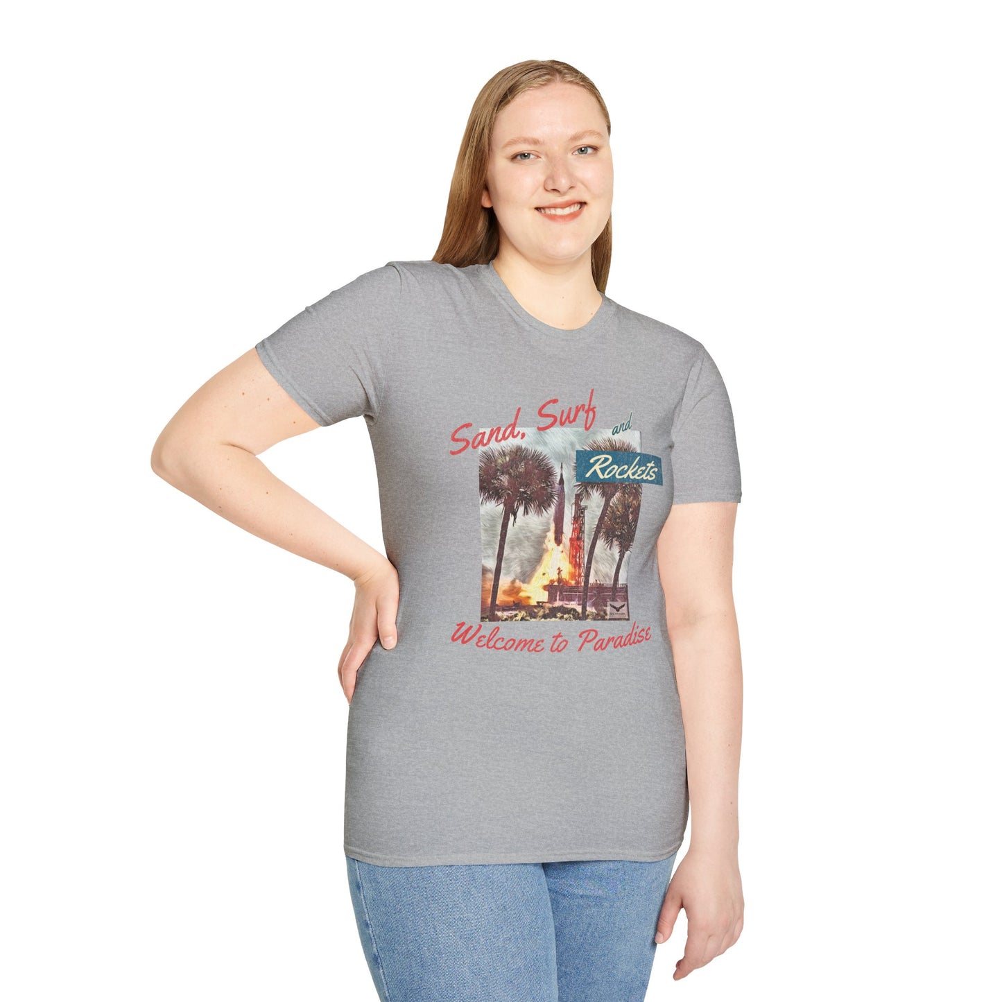 Sand, Surf, and Rockets 60's Style Unisex Softstyle T-Shirt