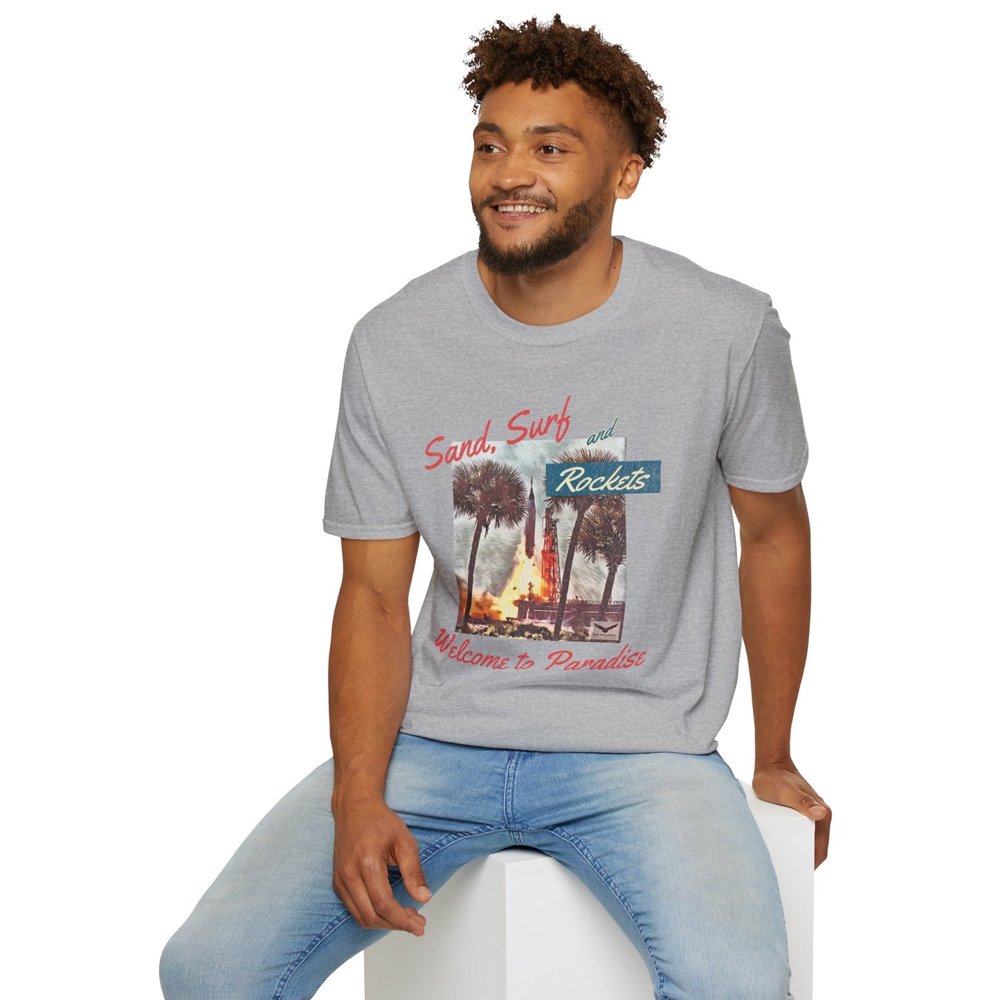 Sand, Surf, and Rockets 60's Style Unisex Softstyle T-Shirt