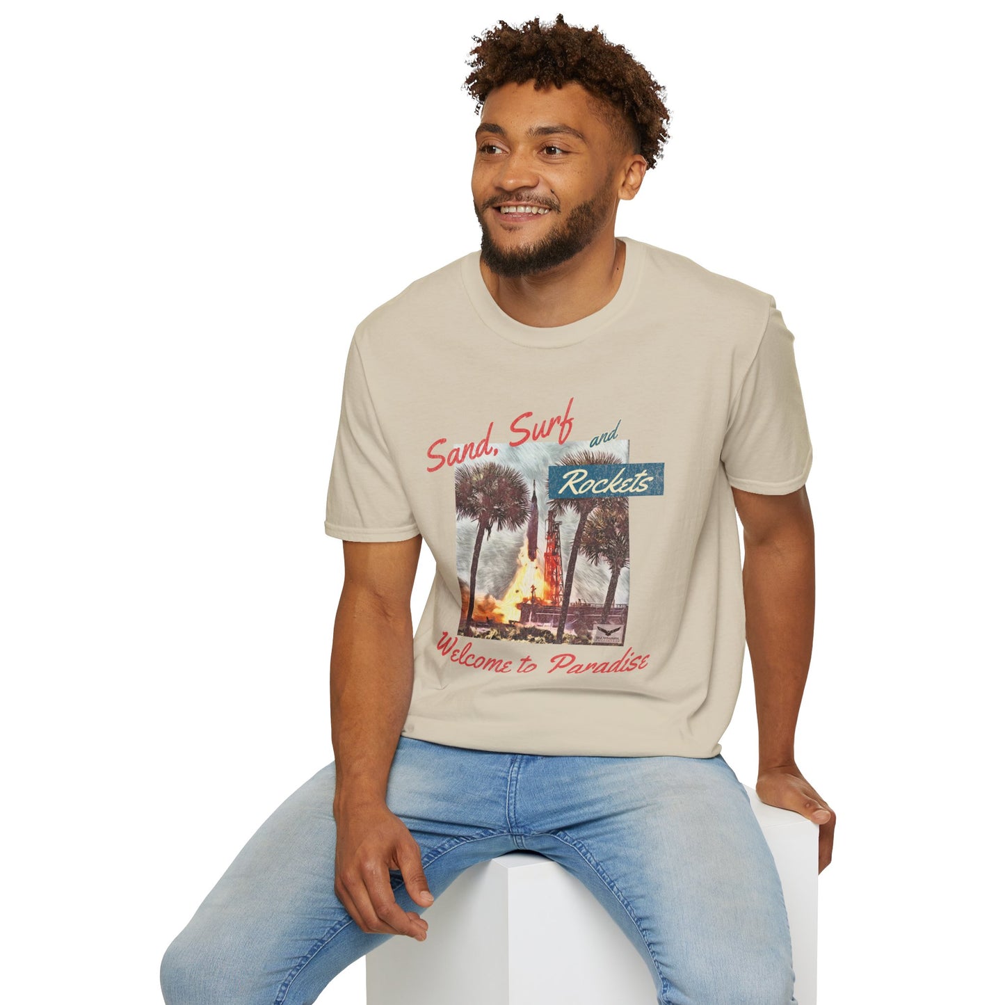 Sand, Surf, and Rockets 60's Style Unisex Softstyle T-Shirt