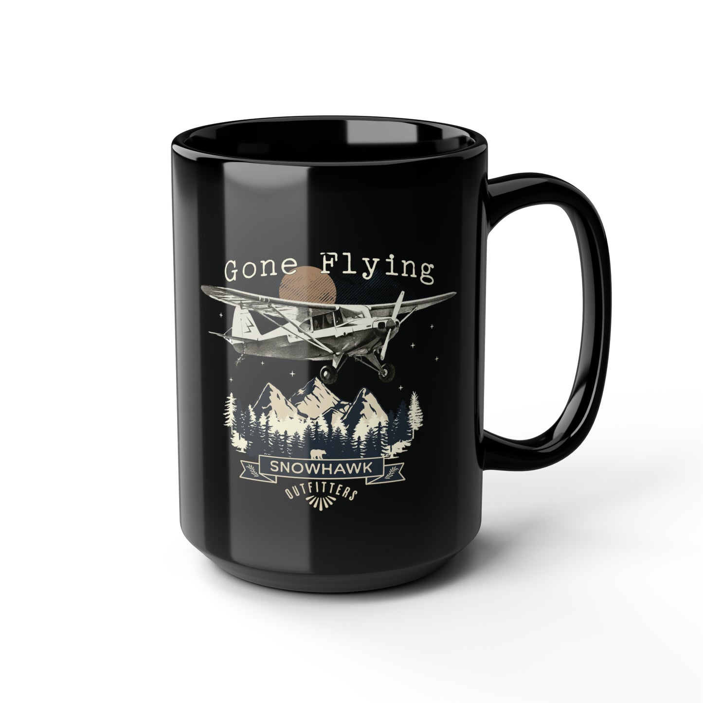 Gone Flying Mountains Black Mug, 15oz