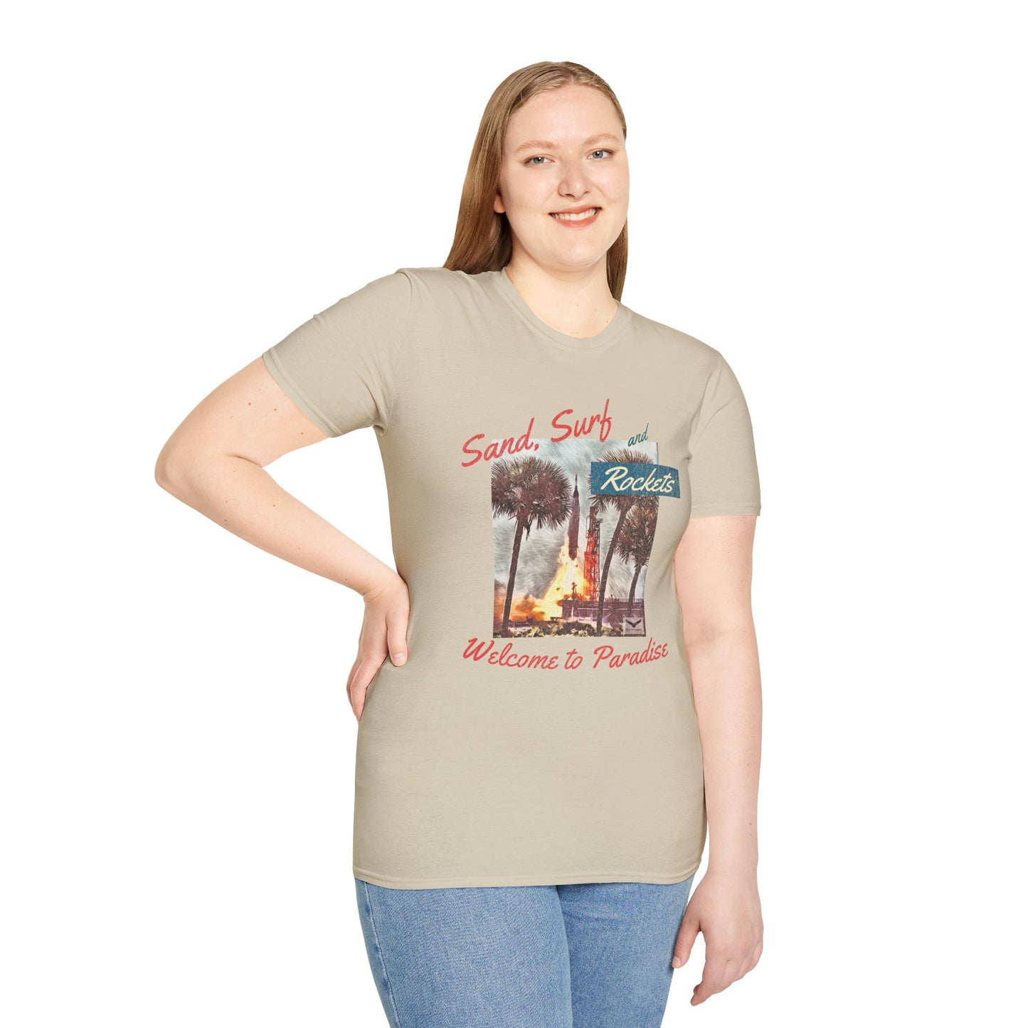 Sand, Surf, and Rockets 60's Style Unisex Softstyle T-Shirt